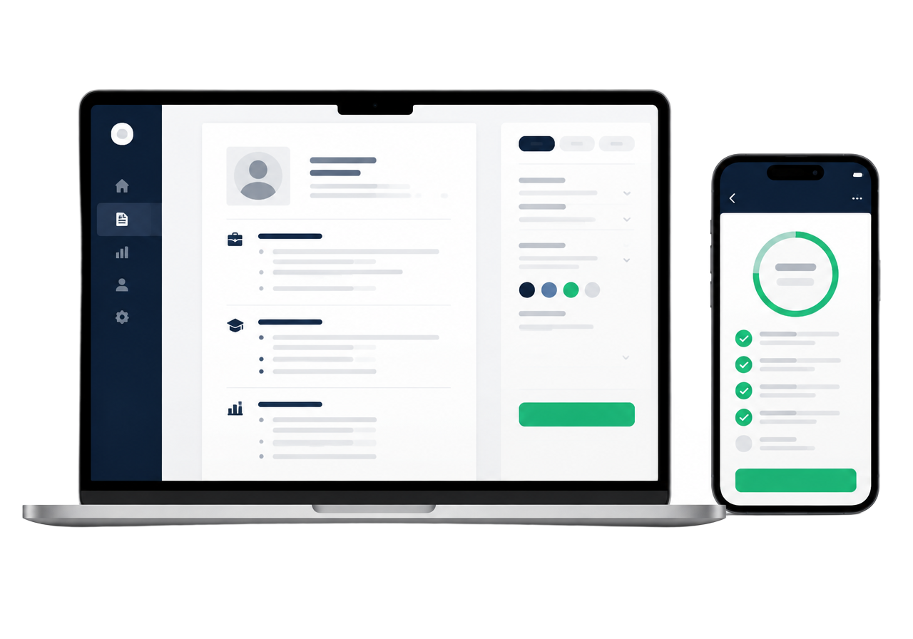 ResumePakad resume builder on a laptop and match score on a phone